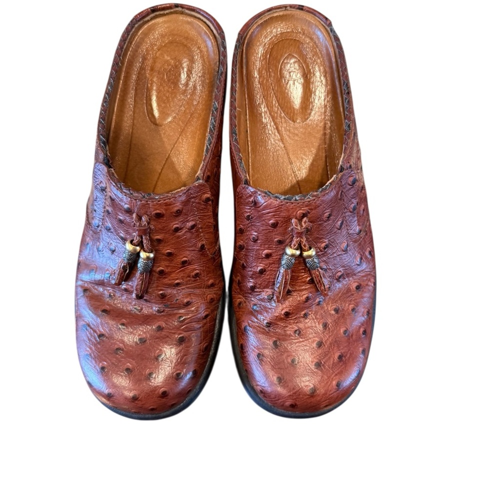 Ariat Western Ostrich Print Brown Leather Mules With Tassel Design. Sz 7B